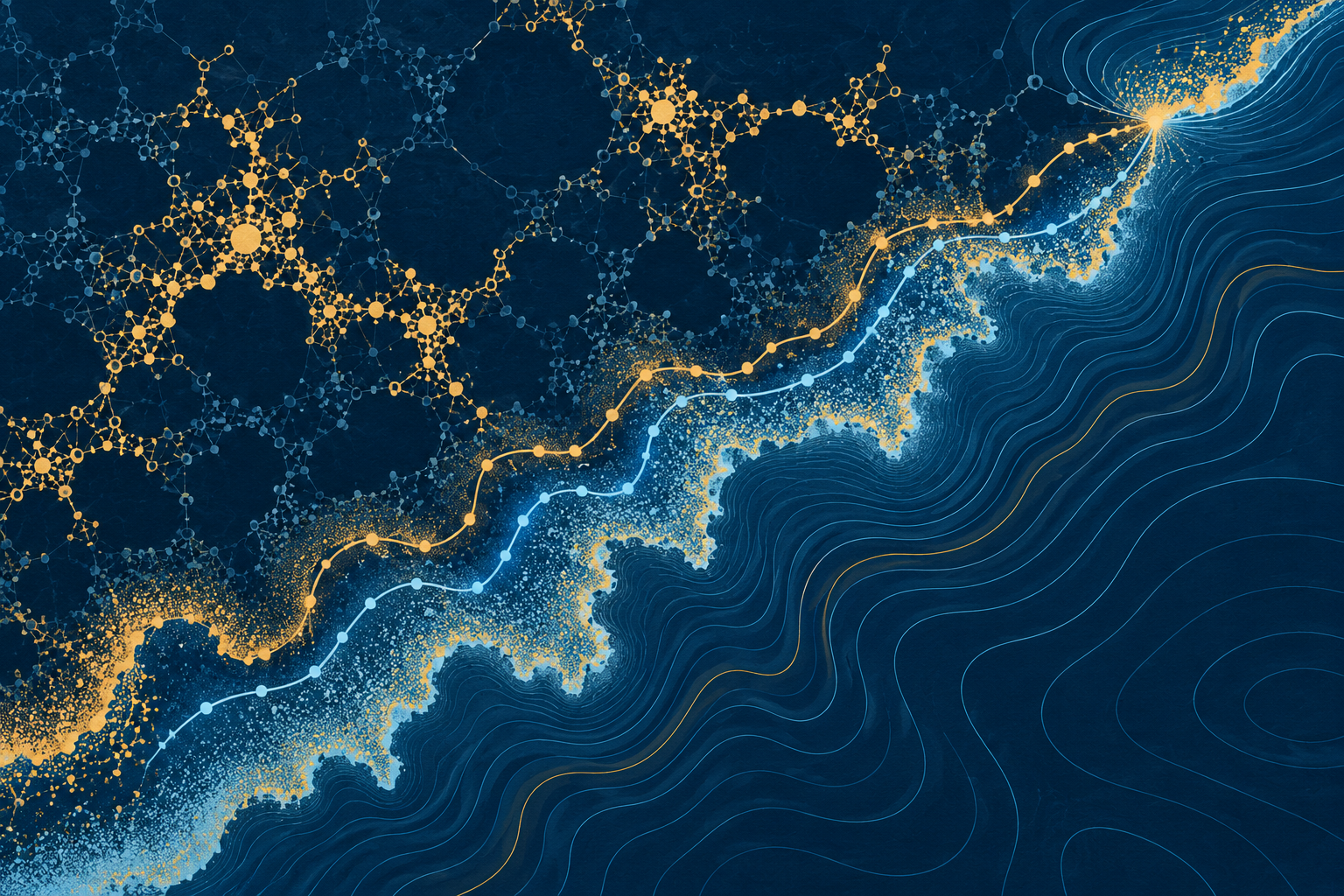 Abstract visualization connecting networks, trajectories, and random interfaces
